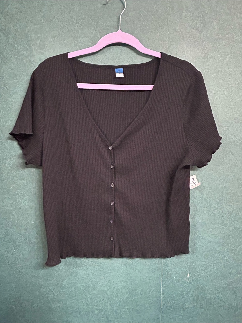 NWT XL Old Navy Black Ribbed Button-Front Short Sleeve Top